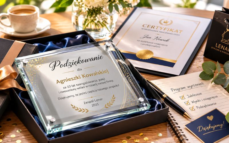 dyplomy, podziękowania i certyfikaty - Eleganckie firmowe wyróżnienie przygotowane na jubileusz pracownika