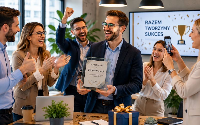 Zespół świętujący wręczenie nagrody dla pracownika
